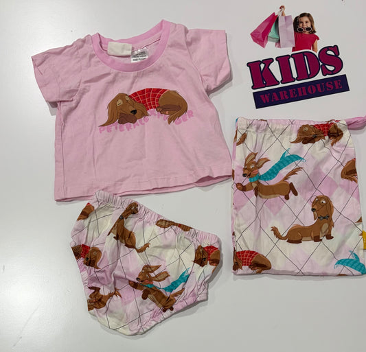 Peter Alexander Pink, Sausage Dog Print Top & Pants With Bag 3 Piece Set Size 000