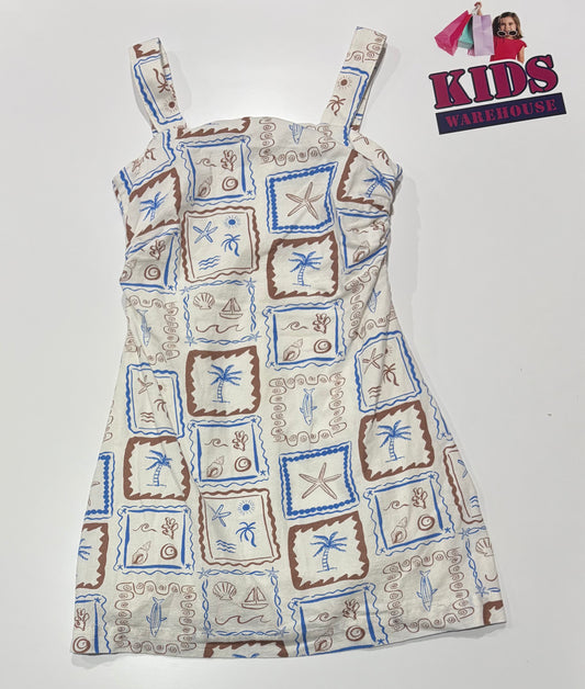 Seed White, Brown, Blue Beach Frame Print Dress Size 10