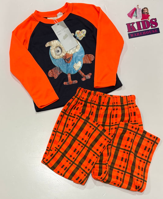 No.1 Black, Orange Giggle And Hoot Print Pyjama Set Size 2