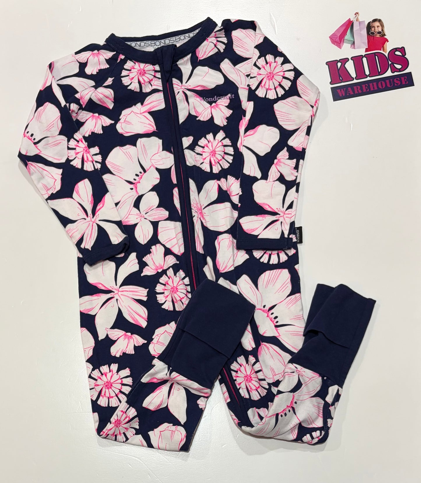 Bonds Wondersuit Navy Blue, White, Pink Floral Print Jumpsuit Size 2
