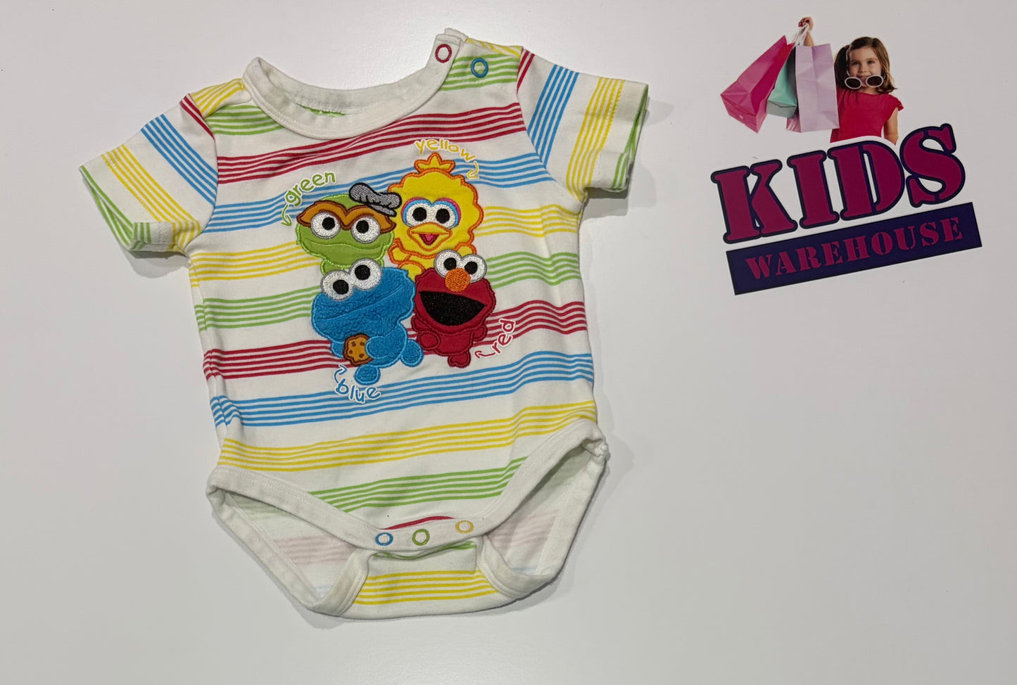 Sesame Street White, Red, Green, Blue Stripe, Character Print Bodysuit Size 000