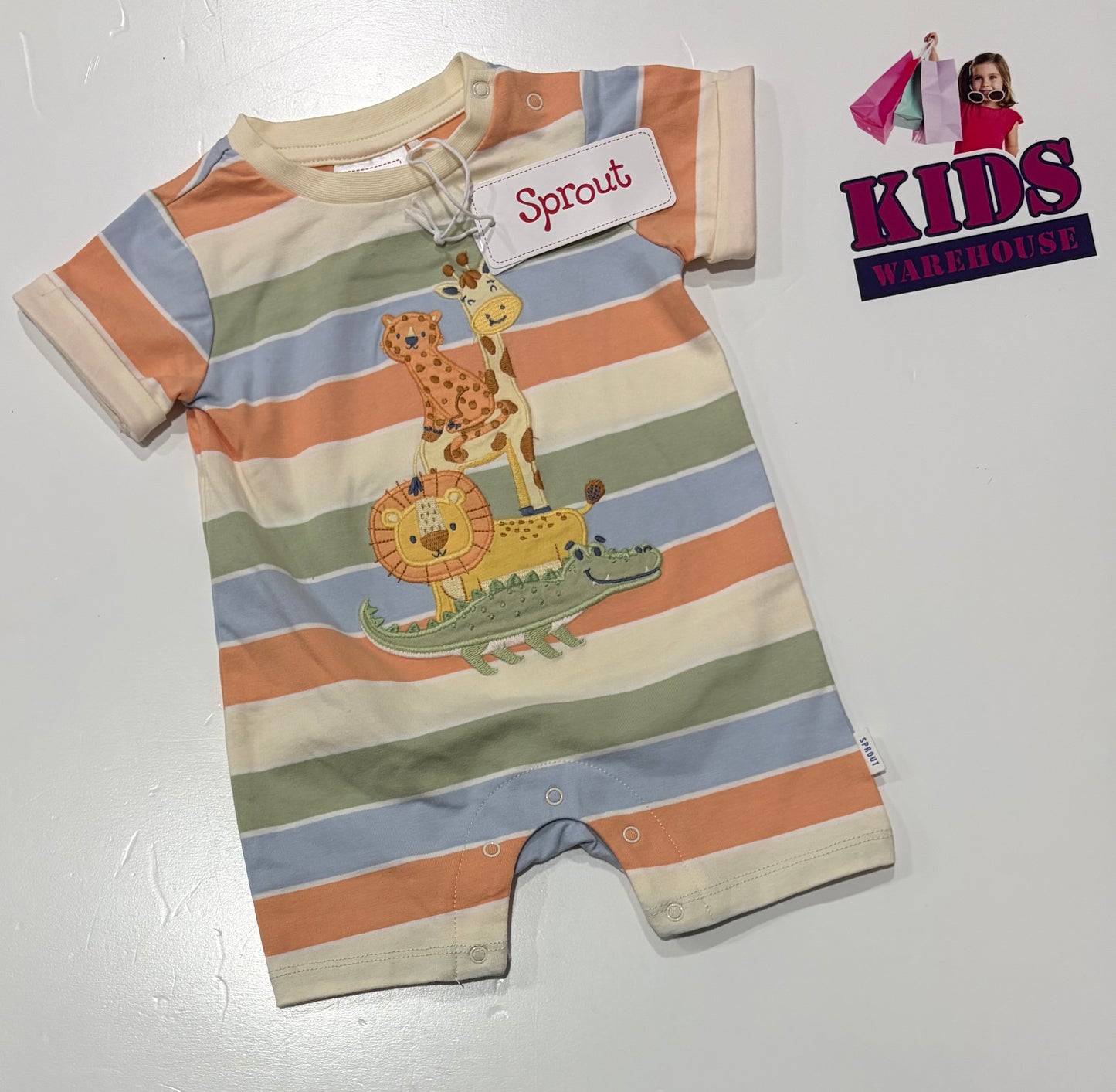 Not Used Sprout Green, Blue, Orange Stripe Giraffe Print Jumpsuit Size 00