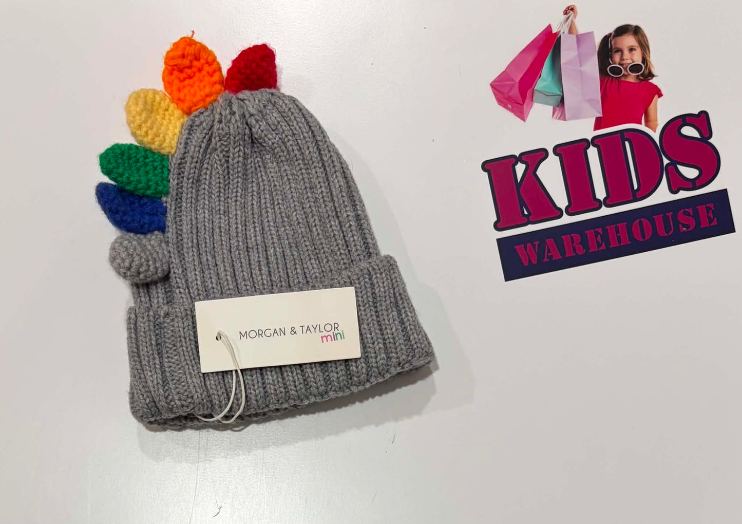 Not Used Morgan & Taylor Mini Grey Knitted Beanie With Rainbow Dinosaur Spikes (Child)