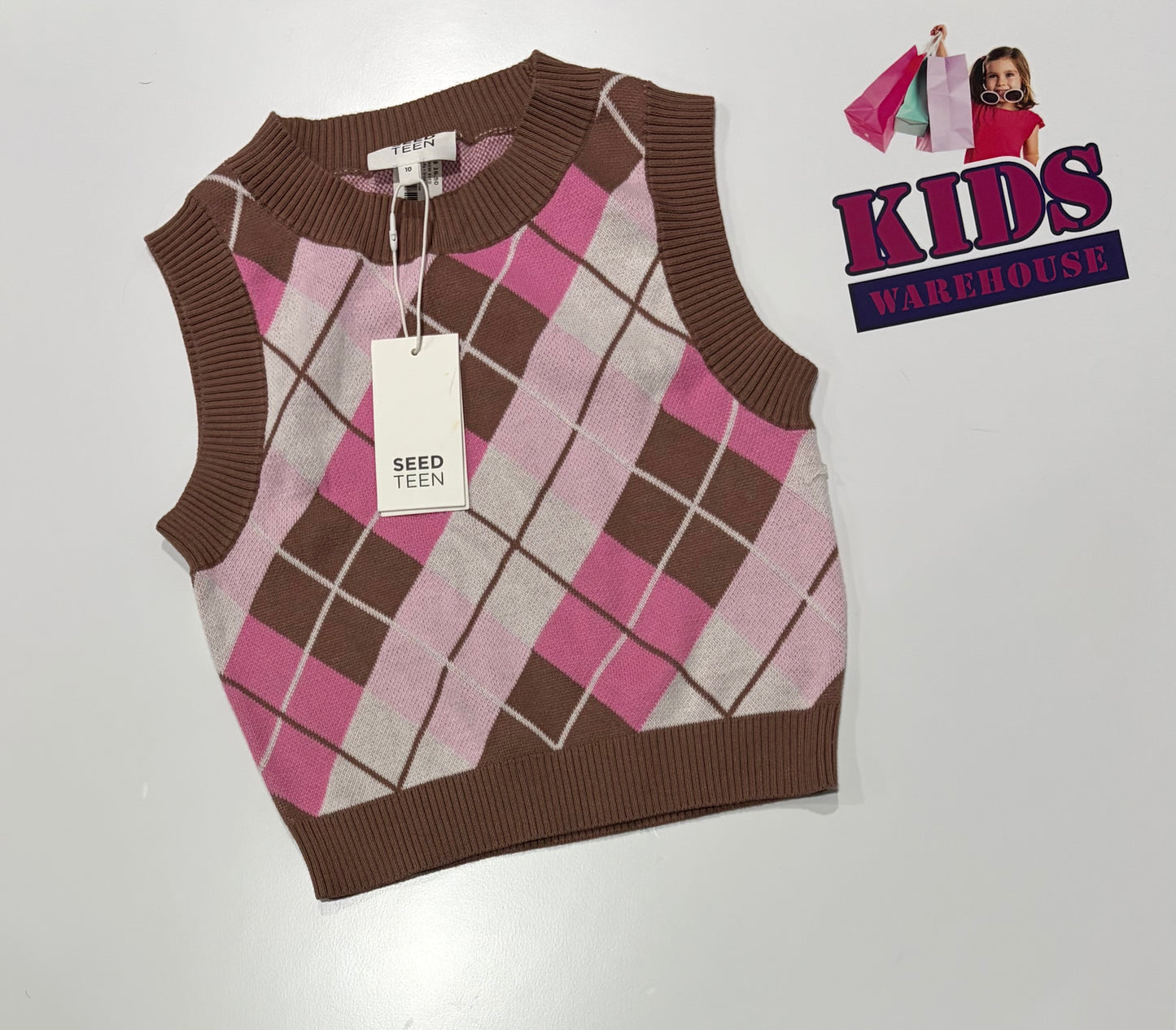 Not Used Seed Brown, Pink, White Plaid Print Sweater Vest Size 10