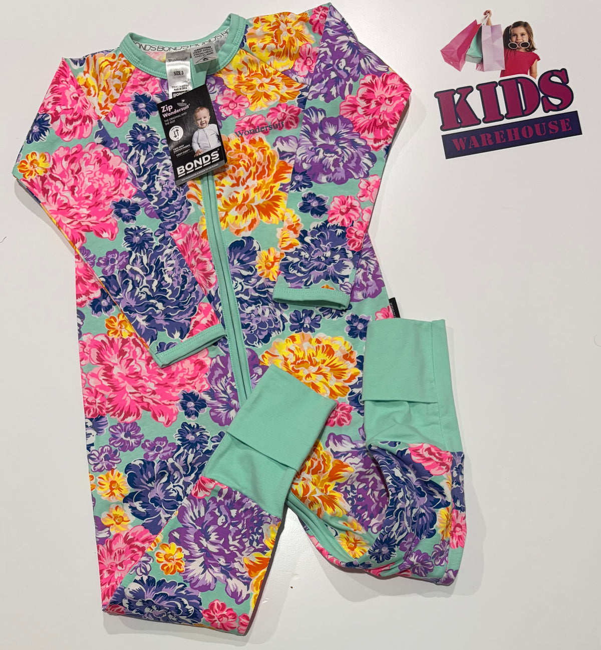 Not Used Bonds Green, Pink, Purple, Yellow Floral Print Wondersuit Size 3
