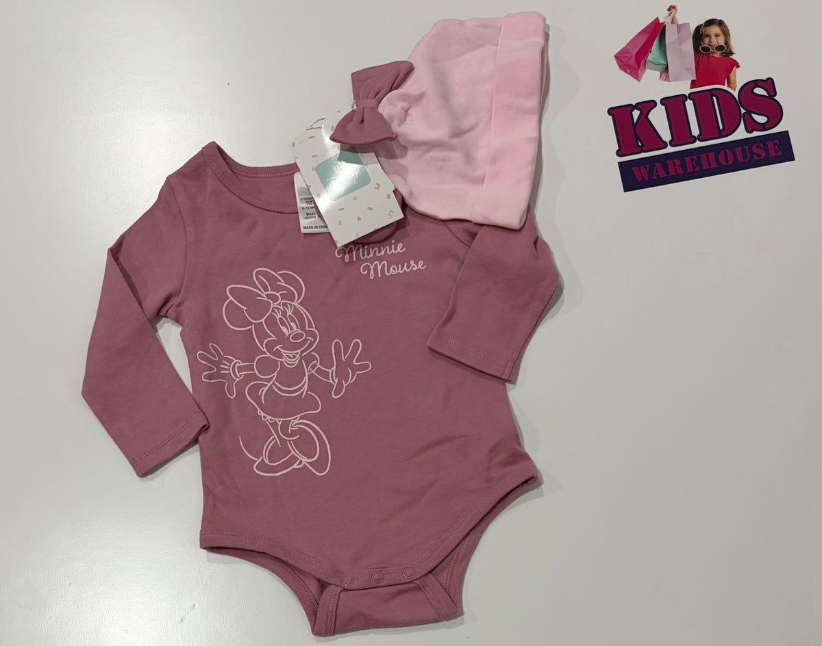 Not Used Disney Purple Minnie Mouse Print Bodysuit & Pink Beanie 2 Piece Set Size 0