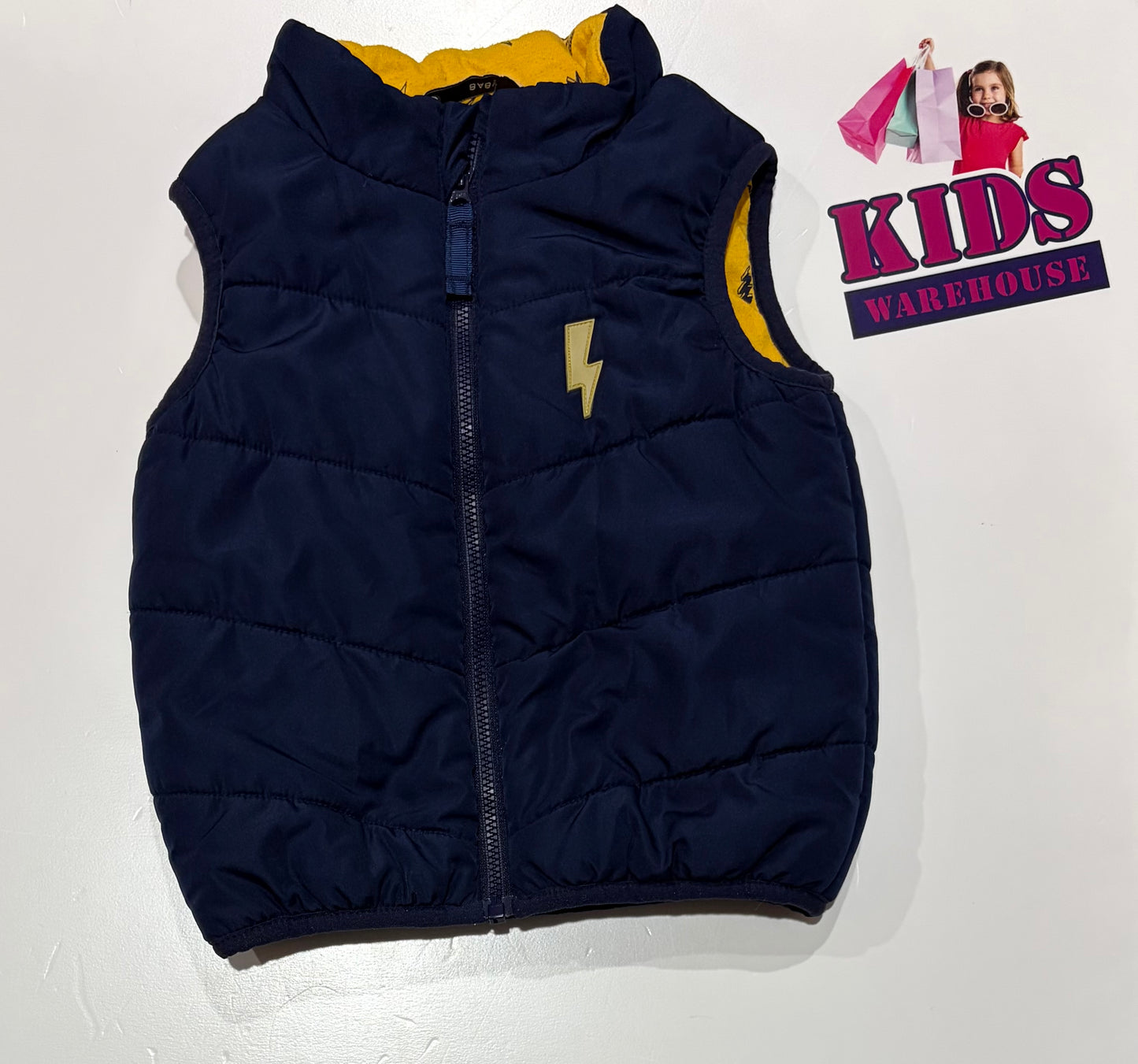 Navy, Yellow Thunder Bolt Print Puffer Vest Size 2
