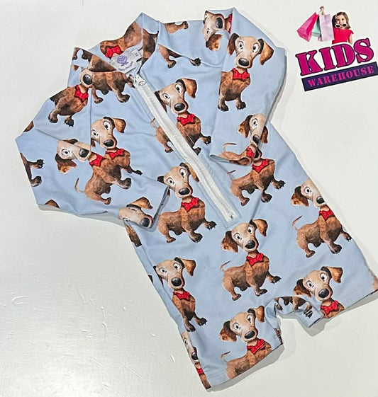 Cheeky Chickadee Blue Swim Bodysuit With Dog Pattern Size 2
