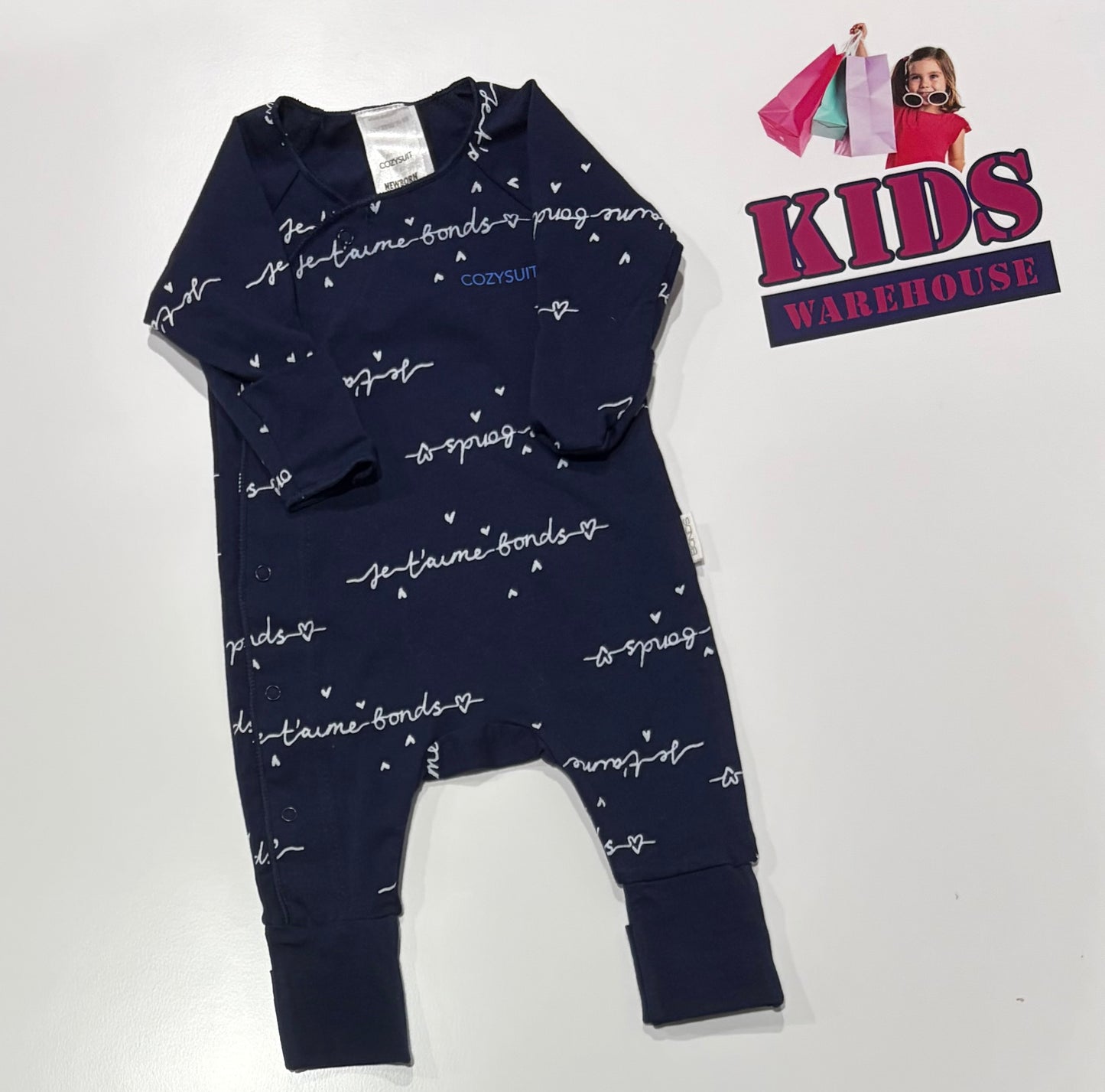 Bonds Cozysuit Navy Blue, Logo Print Jumpsuit Size 0000