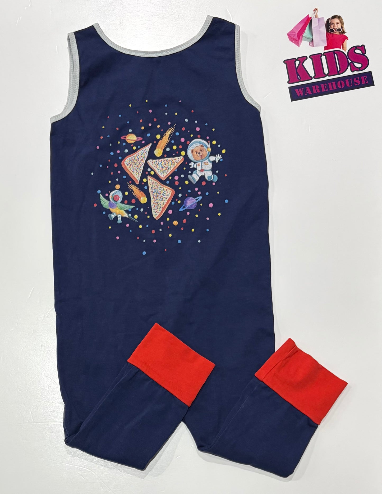 Leon & Bird Navy Blue, Grey, Australian Animals In Space Print Overalls Size 2