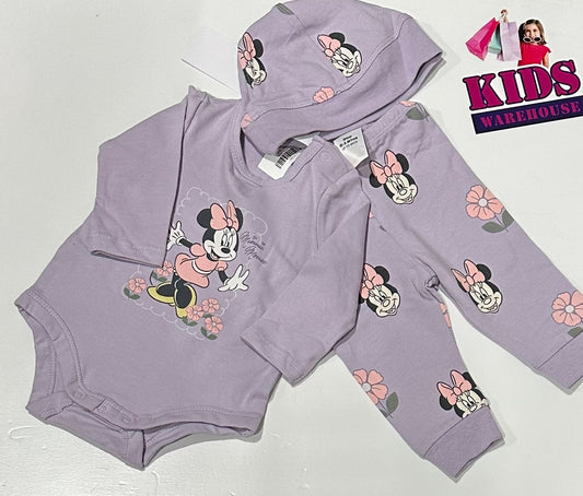 New Disney Purple 3 Piece PJ Set With Minnie Mouse Pattern Size 000