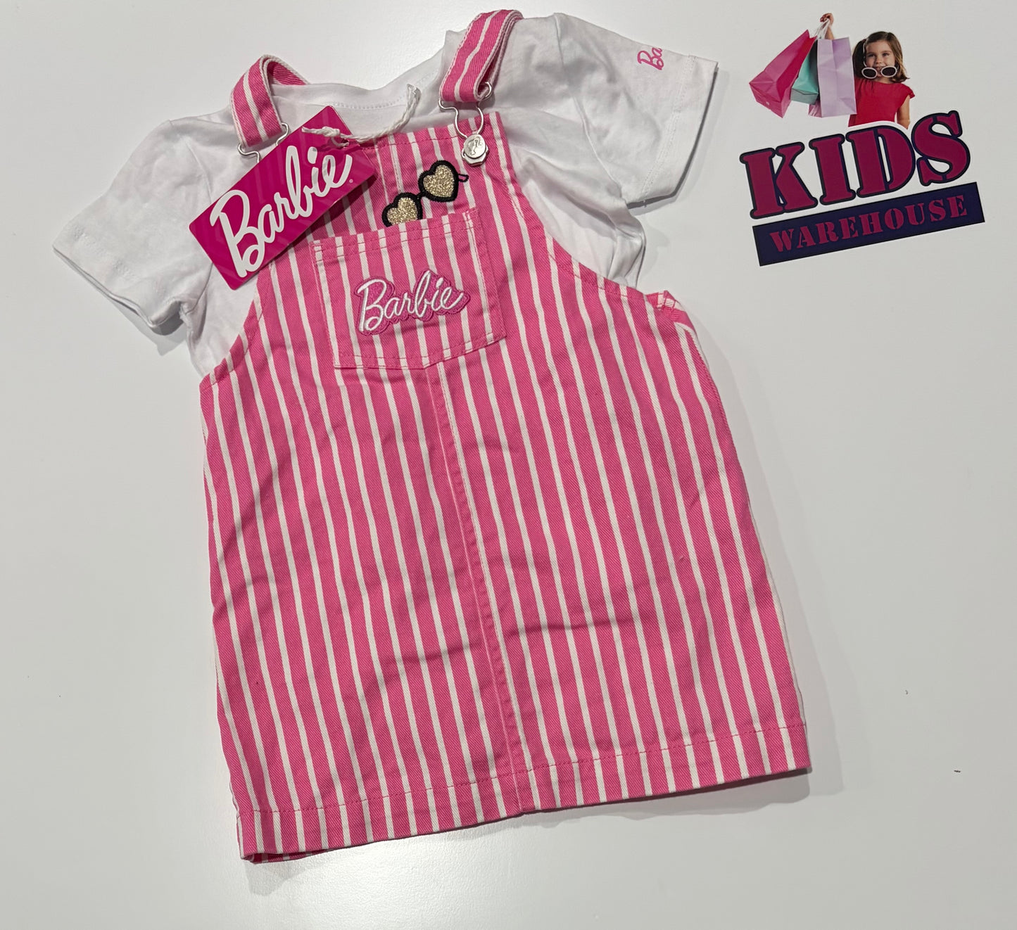 Not Used Barbie Pink White Stripe Overalls & White Top Size 3