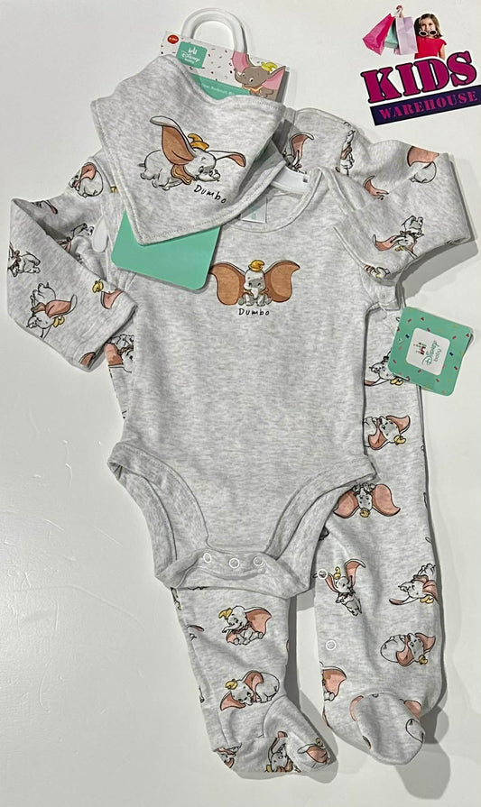 New Disney Baby Grey 3 Piece Set With Dumbo Pattern Size 0