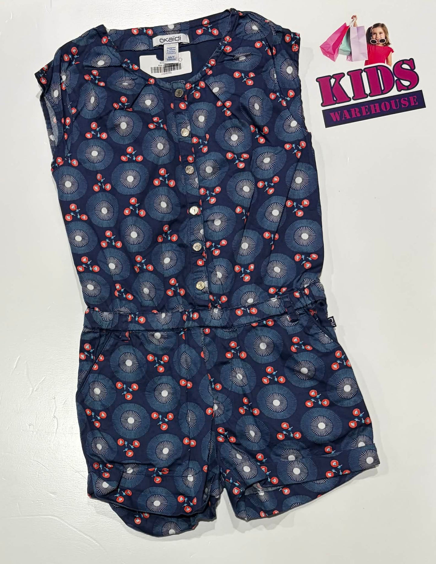 Okaïdi Dark Blue Bodysuit With Red & Blue Flower Pattern Size 4