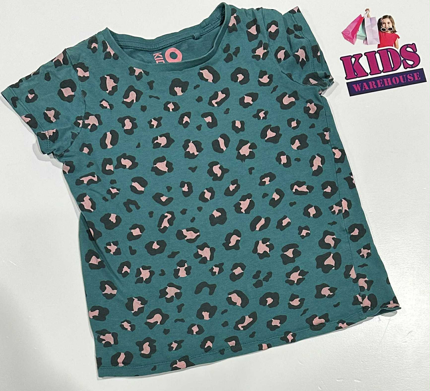 Cotton On Kids Green Top With Pink & Black Leopard Pattern Size 9