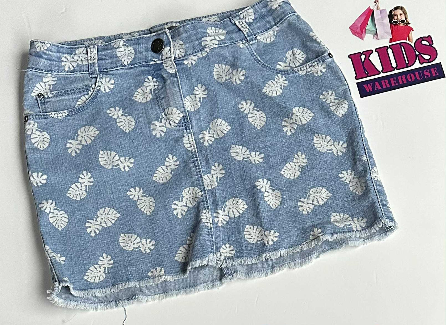 Basics Orchestra Soft Denim White Leaf Print Skirt Size 10