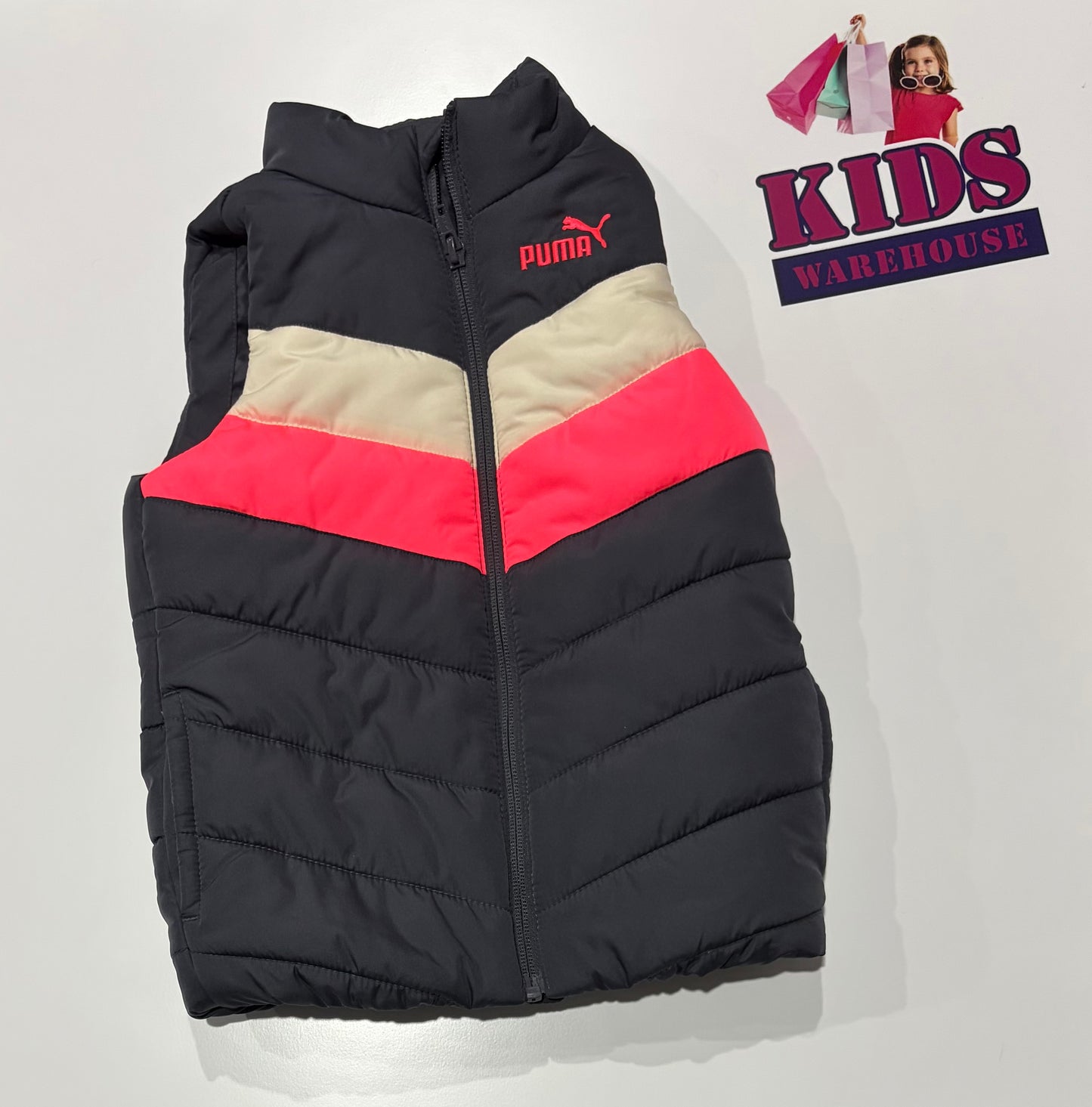 Puma Grey, Pink, White Stripe Puffer Vest Size 3
