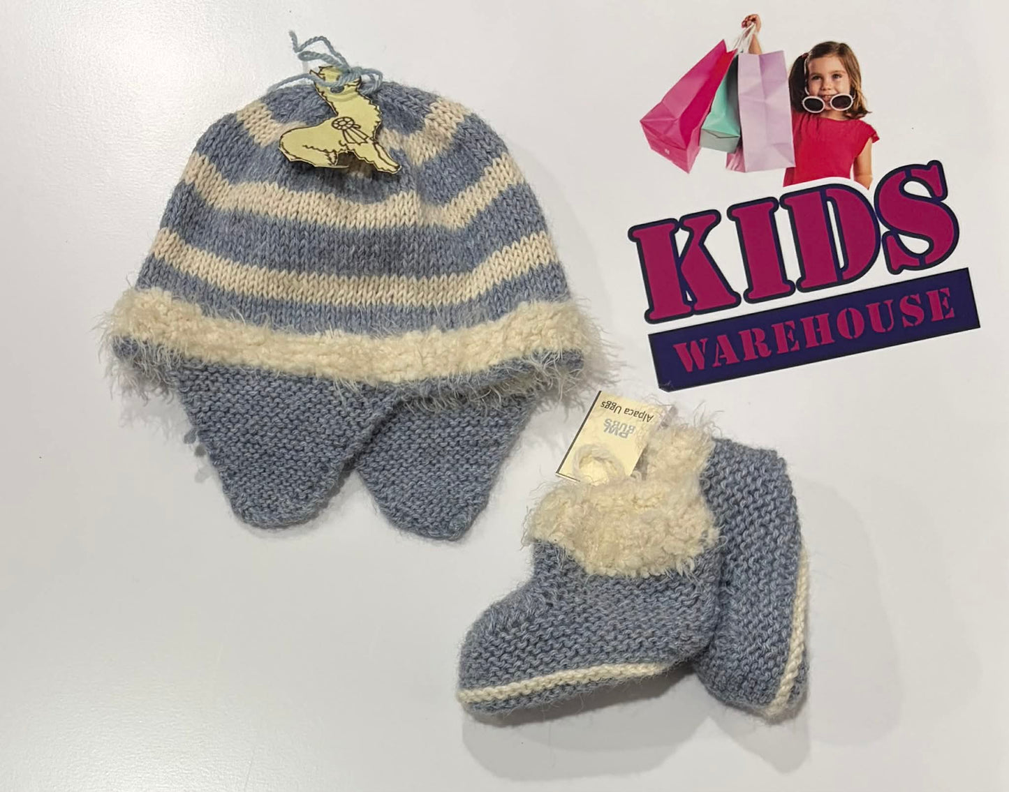 Not Used Alpaca Blue, White Matching Beanie And Booties (Baby)