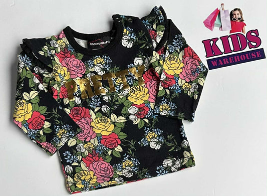 Rock Your Baby Black, Floral, Gold Pretty Print Top Size 00