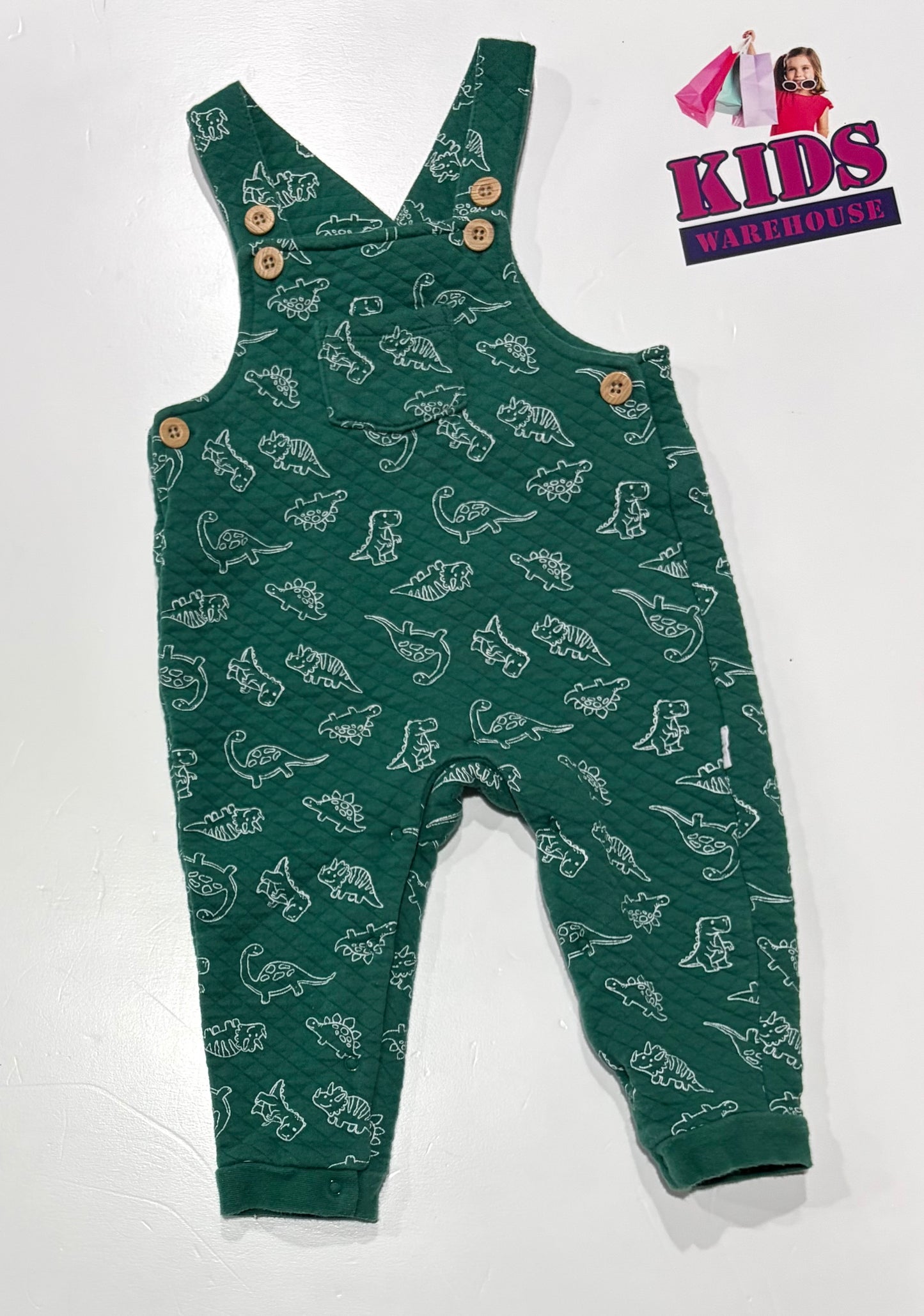 Sprout Green, White Dinosaur Print Overalls Size 0