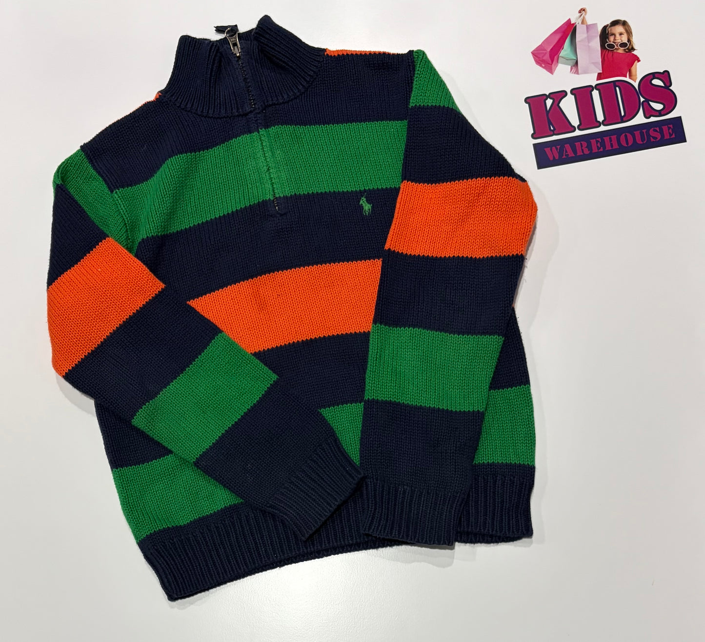 Ralph Lauren Polo Navy, Green, Orange Stripe Sweater Size 7
