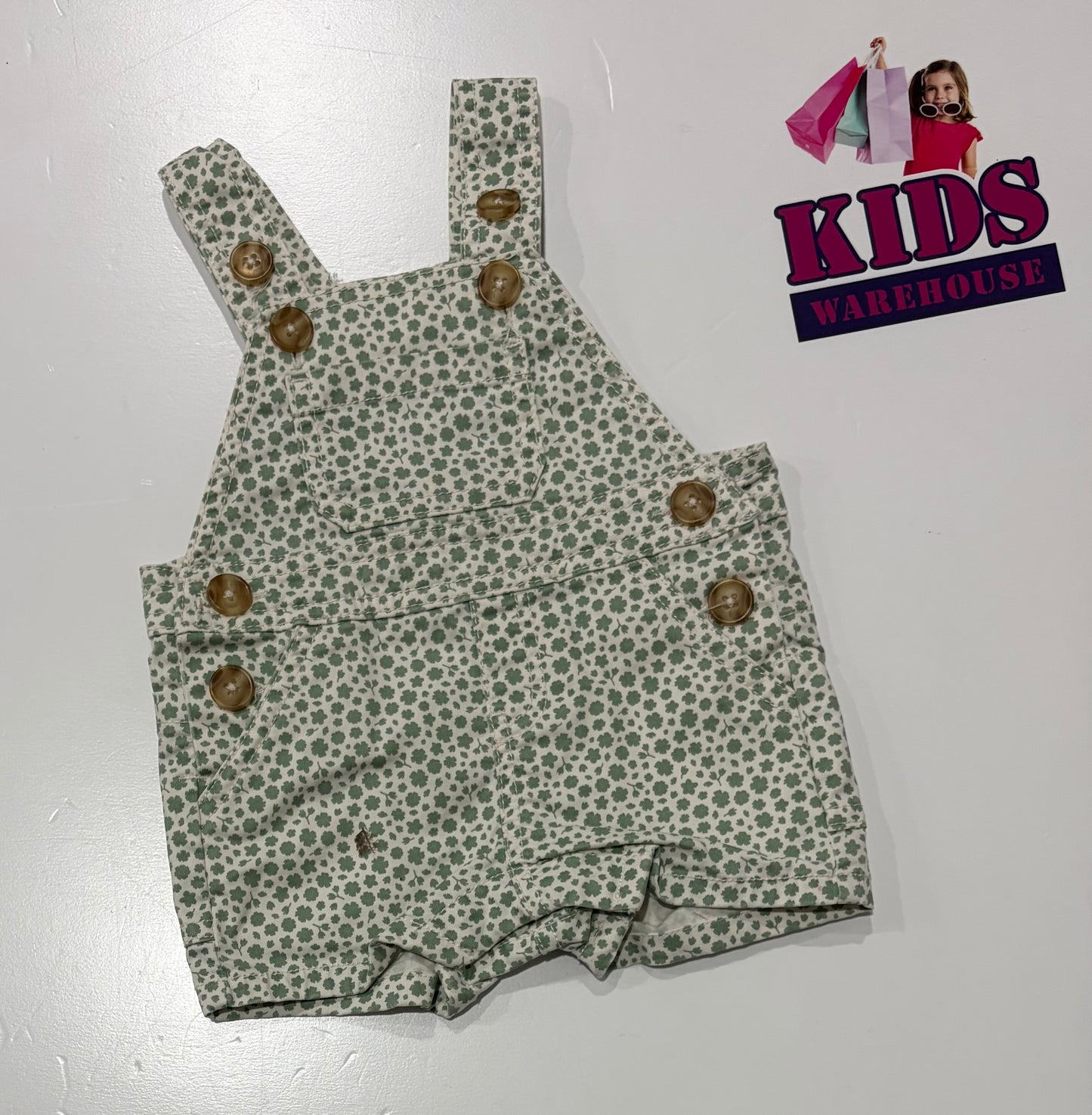 Cotton On White, Green Floral Print Overalls Size 000