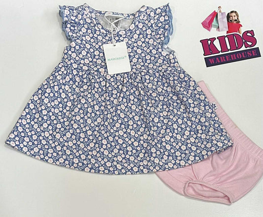 New Marquise Blue Dress With Pink Flower Pattern & Pink Shorts Size 000