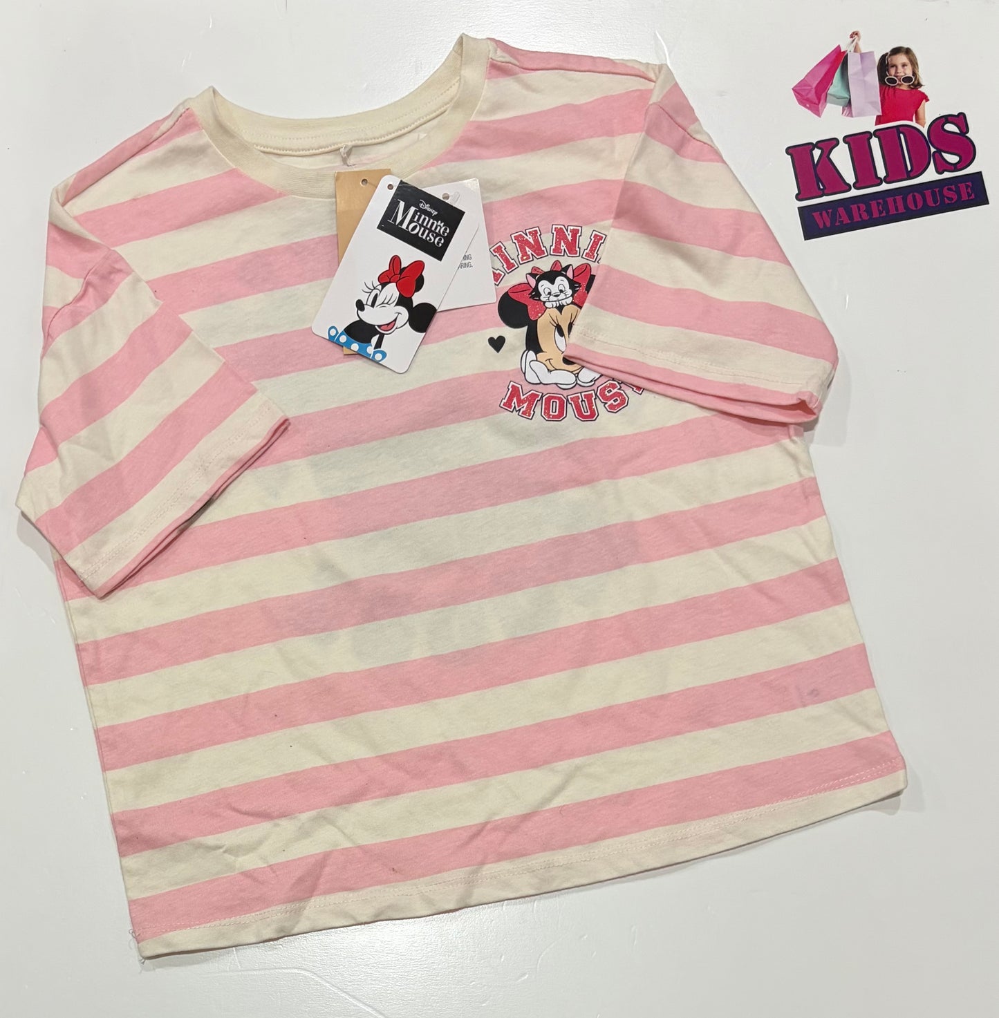 Not Used Disney Minnie Mouse White, Pink Stripe Print Top Size 9