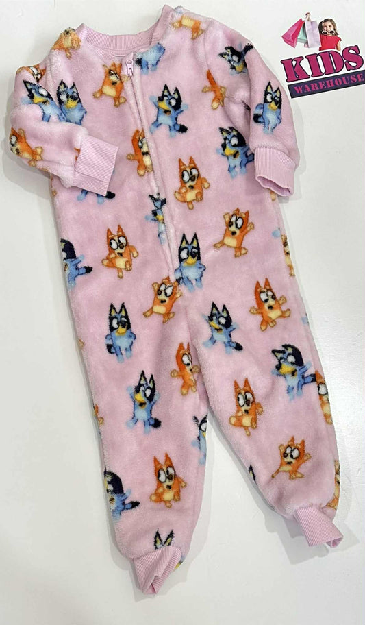 Bluey Pink Fluffy Jumpsuit With Bluey Characters Pattern Size 1