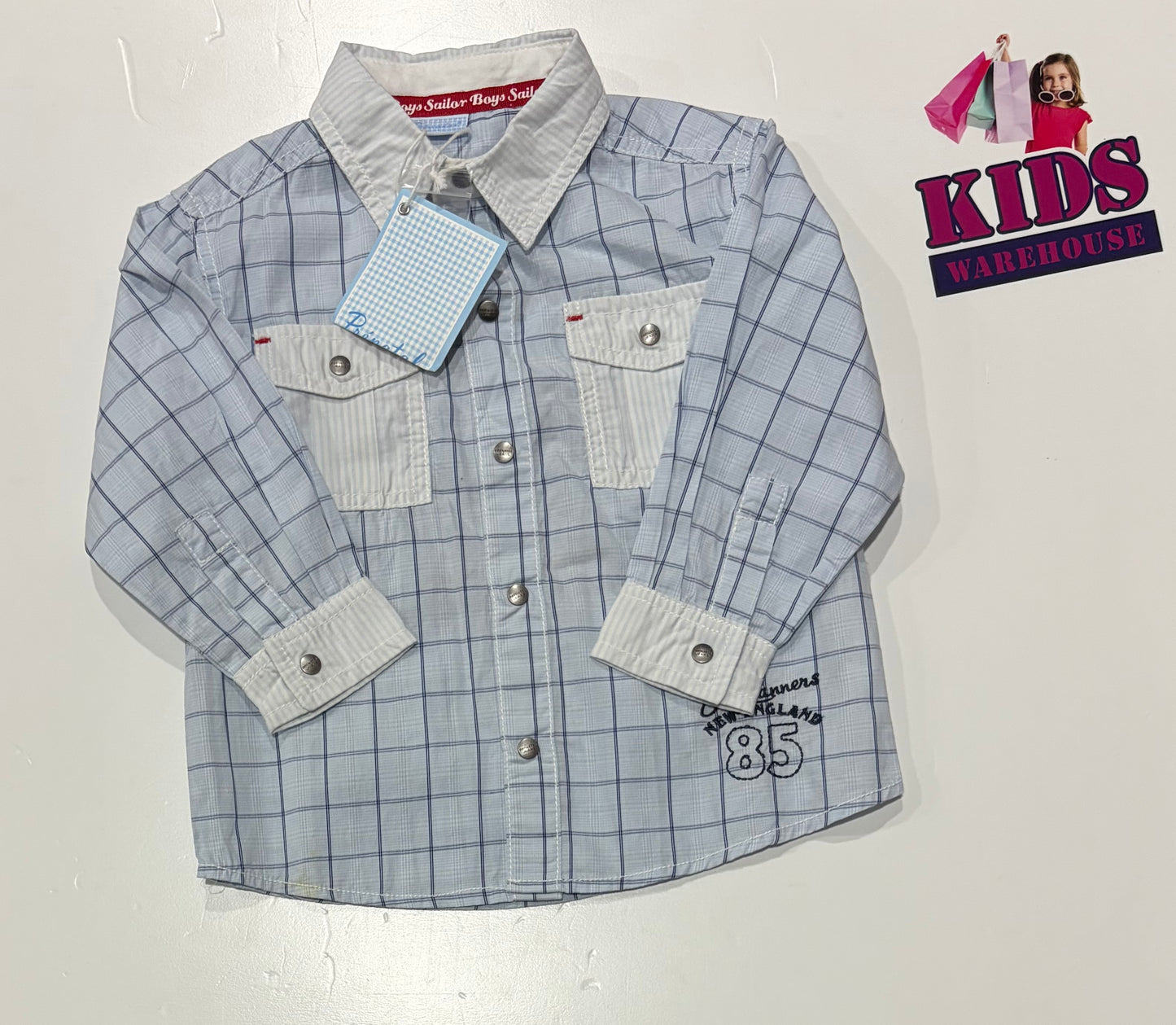Sailor Boys Blue, Dark Blue Check Print Long Sleeve Top Size 2