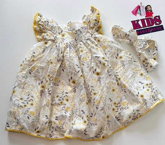 Shabby Chic White & Yellow Sunflower Dress & Headband with Bow Set Size 1