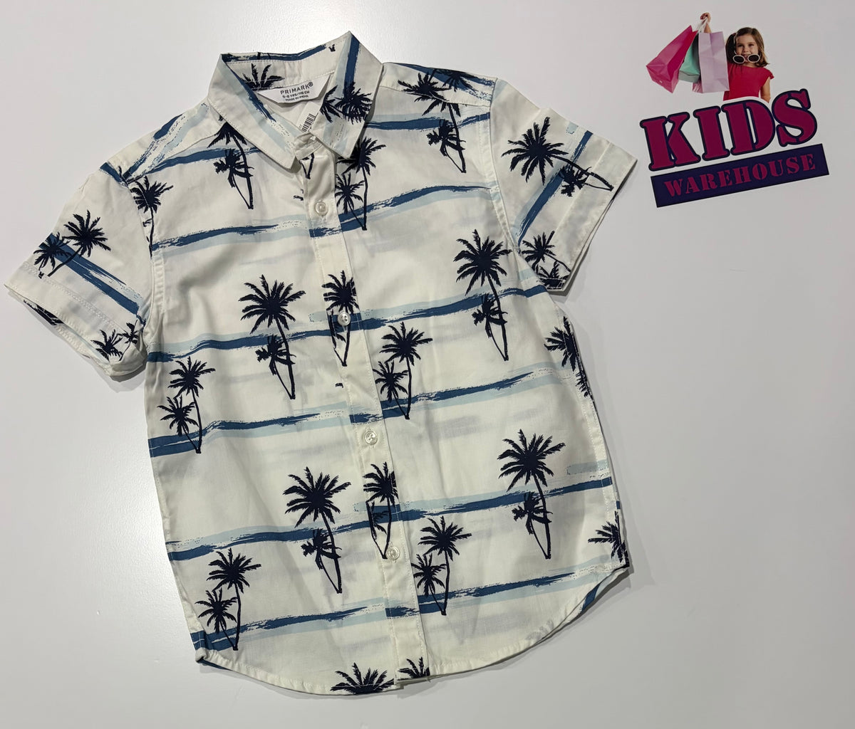 Primark White, Blue Palm Tree Print Top Size 5