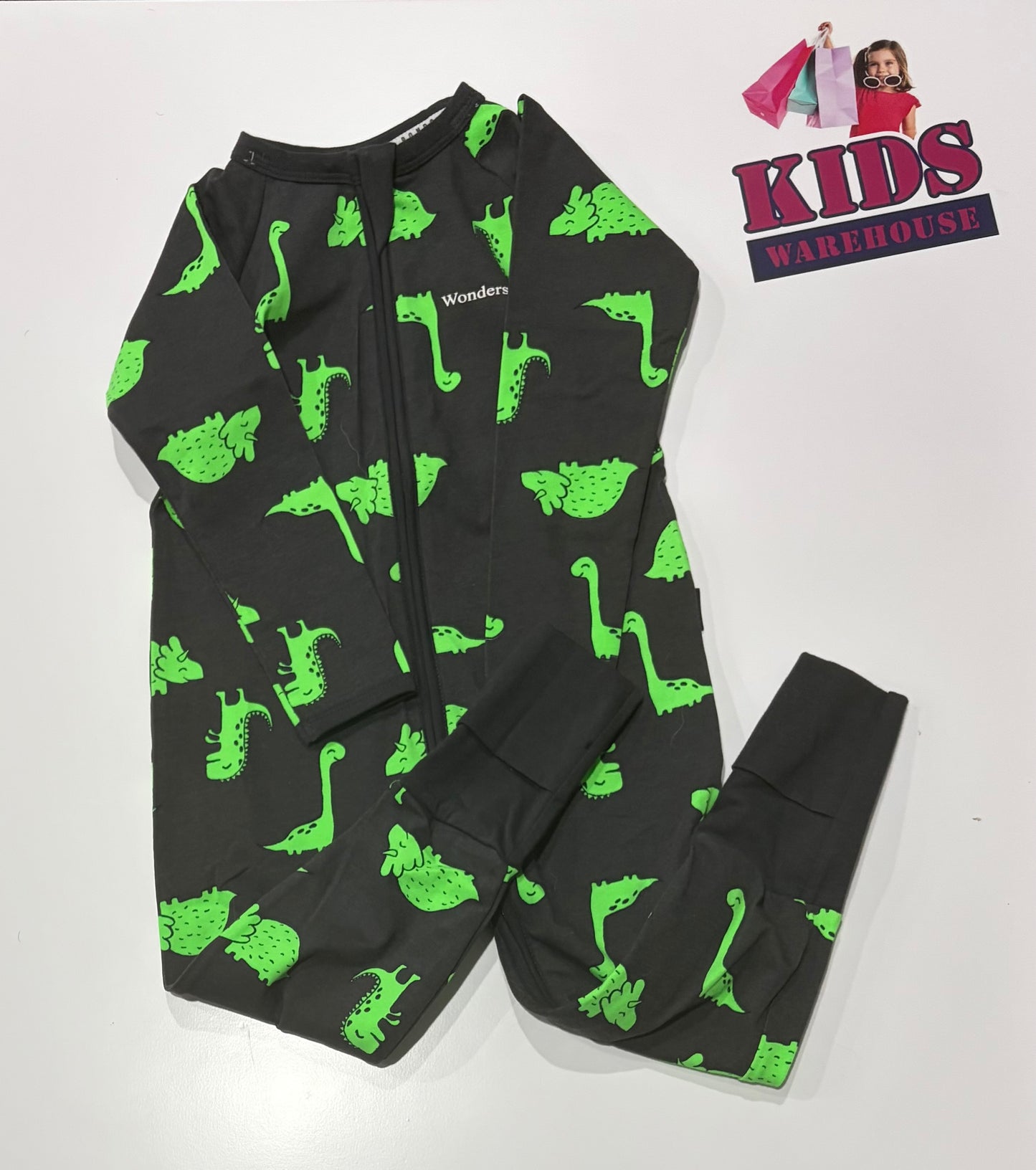Bonds Wondersuit Black, Green Dinosaur Print Jumpsuit Size 2