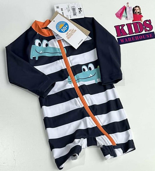 New Anko Navy Blue & White Bodysuit With Crocodile Print Size 00 (RRP $14)