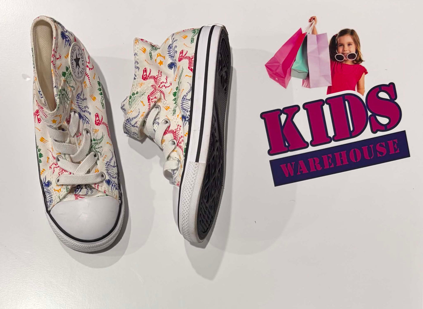 Converse White, Colourful Dinosaur Print Runners Size 10 (Child)