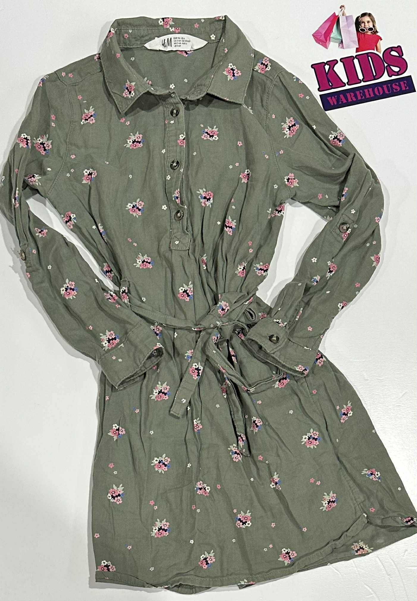 H&M Green Dress With Pink Flower Pattern Size 6