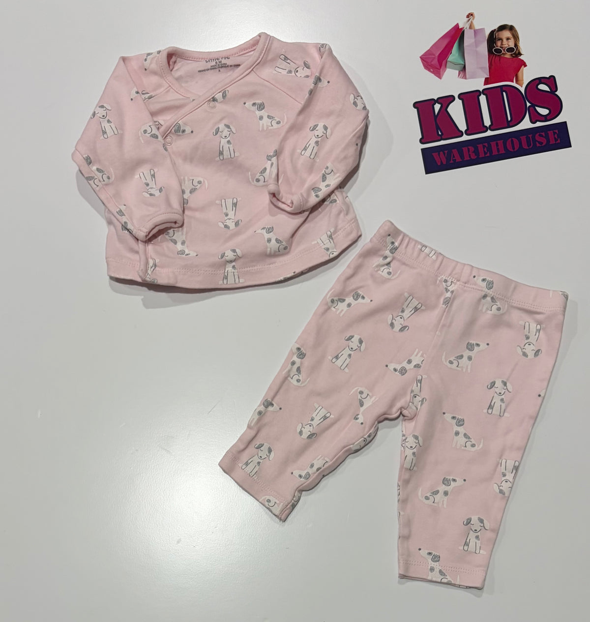 Little Me Pink, Puppy Print 2 Piece Pyjama Set Size 00