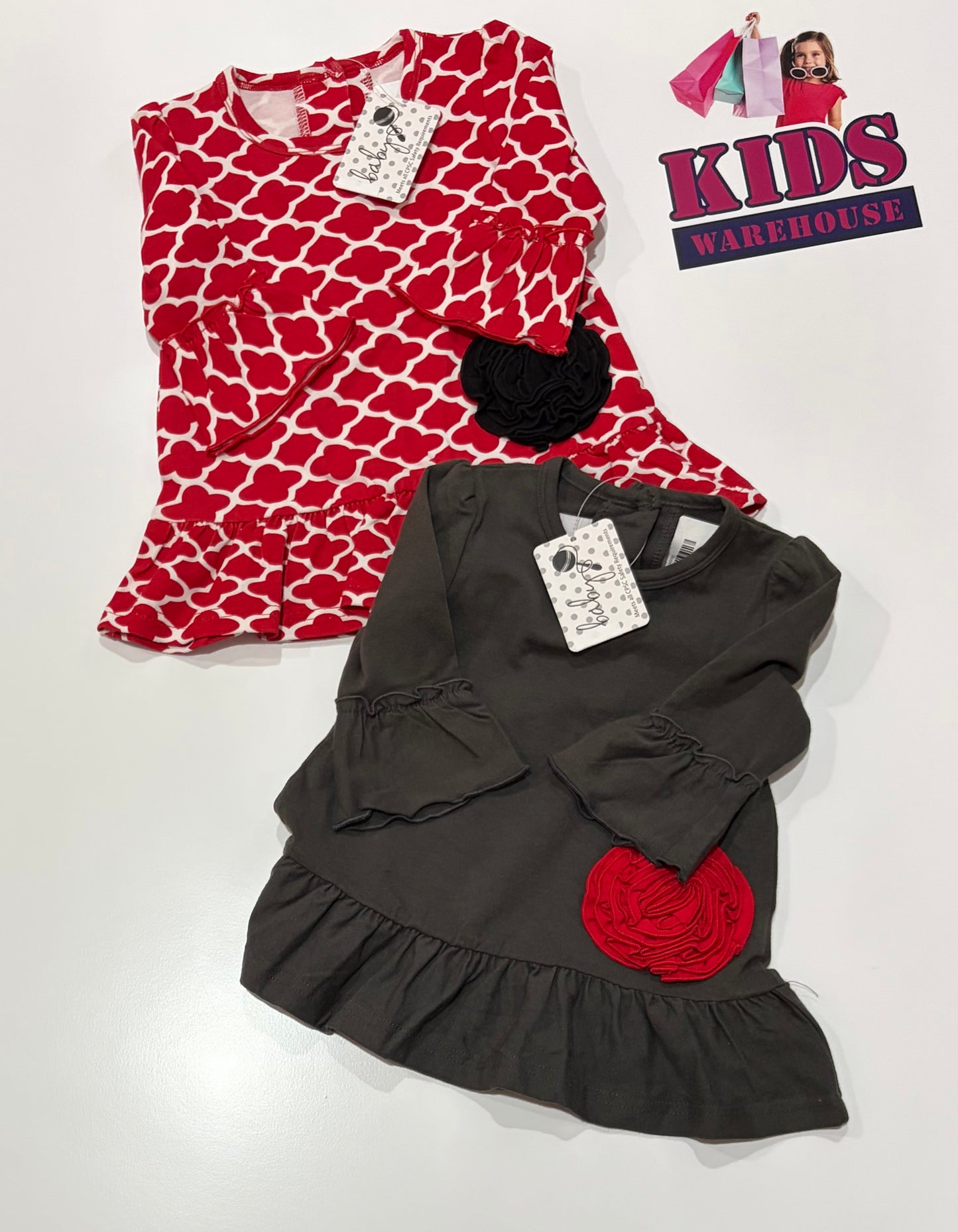 Not Used Baby Red, White Pattern Print, Black Flower Dress & Grey, Red Flower 2 Piece Set Size 0