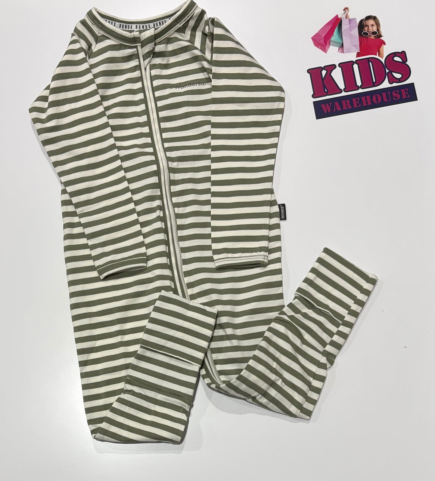 Bonds Wondersuit White, Dark Green Stripe Print Jumpsuit Size 2