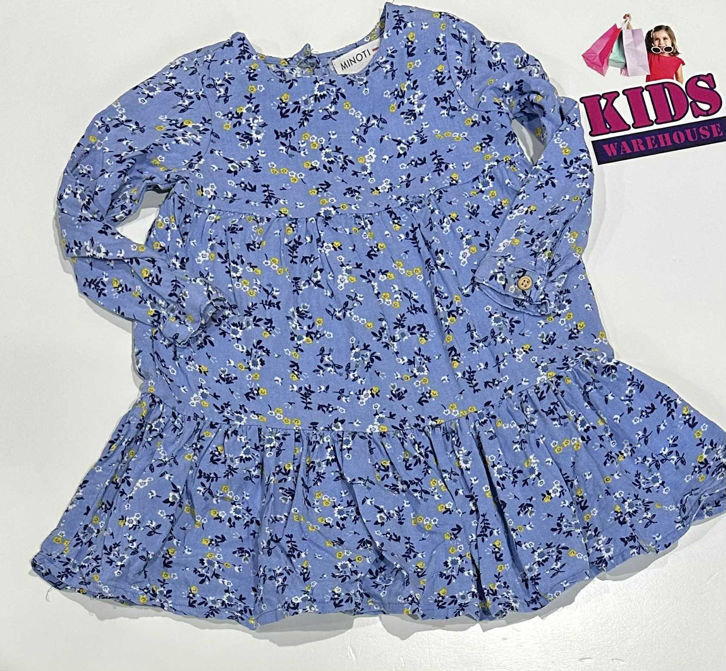 Minoti Blue Long Sleeve Dress With Flower Pattern Size 1