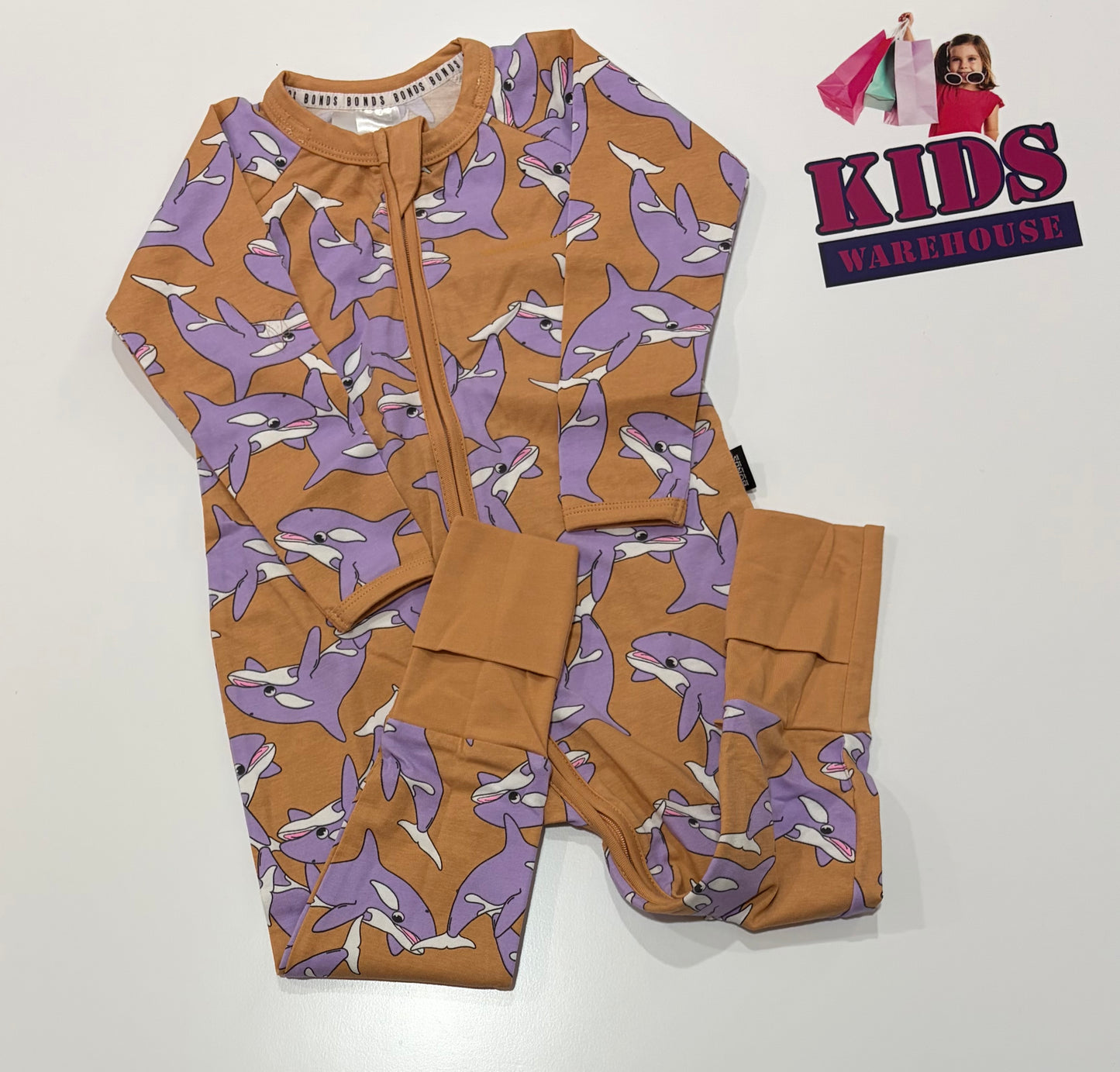 Bonds Orange, Purple Orca Print Wondersuit Size 1