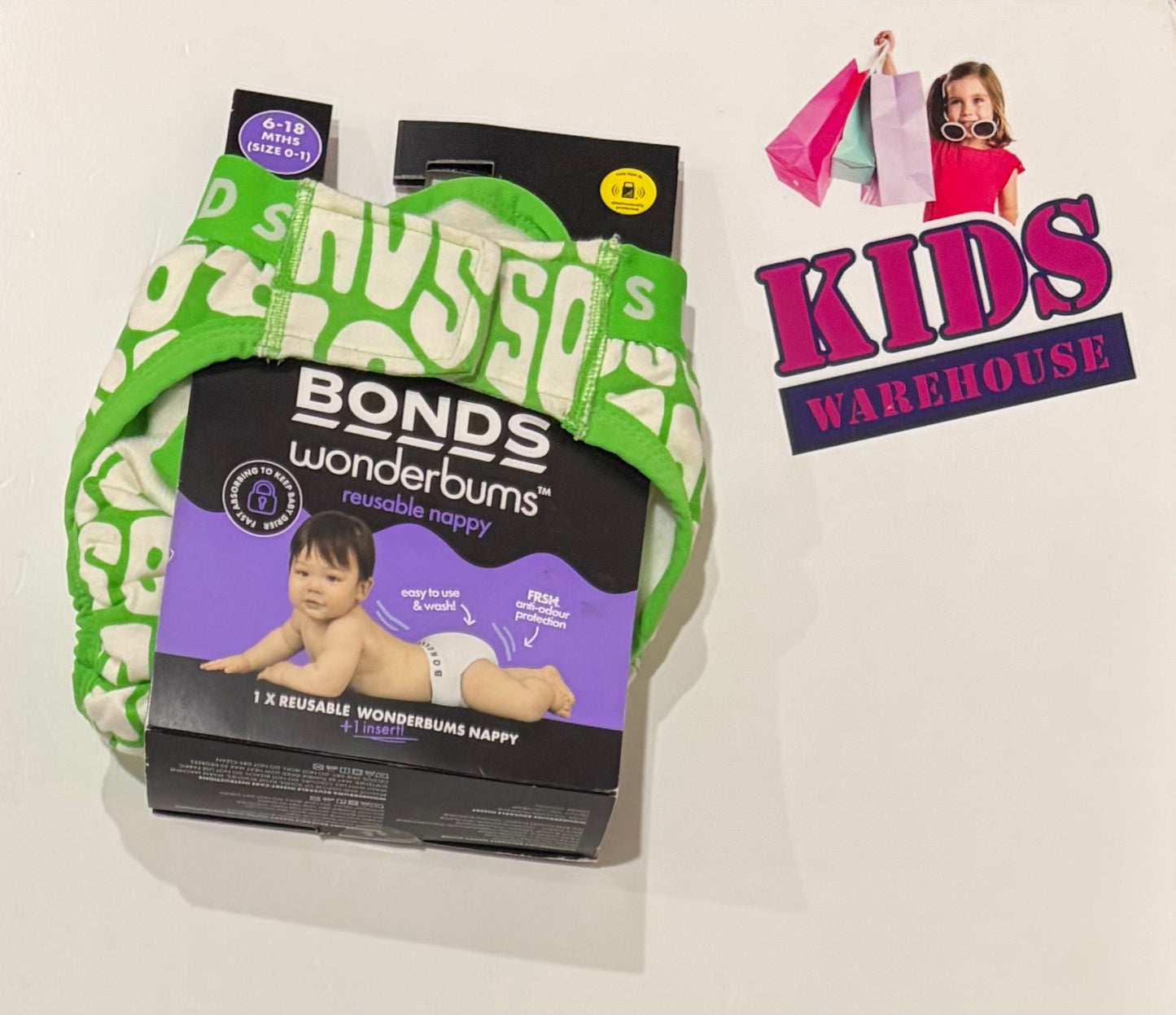 NEW Bonds Wonderbuns Reusable Nappy Green, Bonds White Print Size 0-1 (6-18 Months)