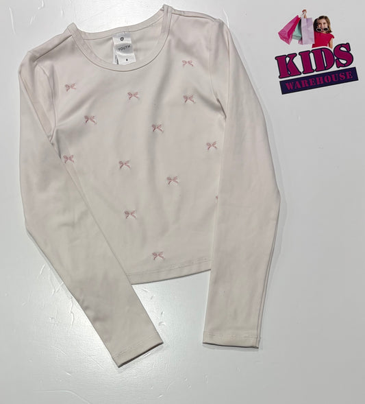 White, Pink Bow Print Top Size 8