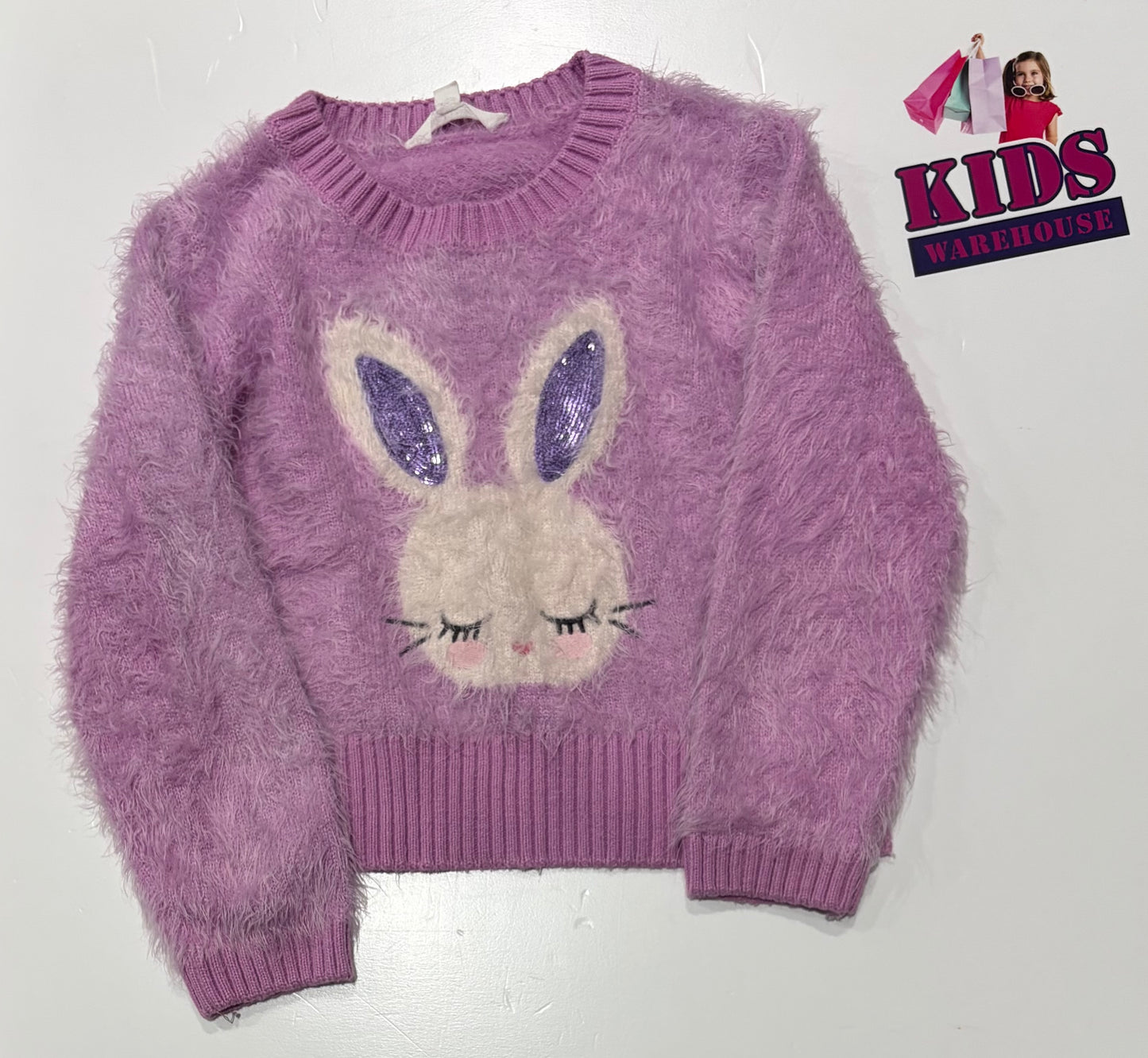 Milkshake Purple, Bunny Print Soft Fluffy Sweater Size 7