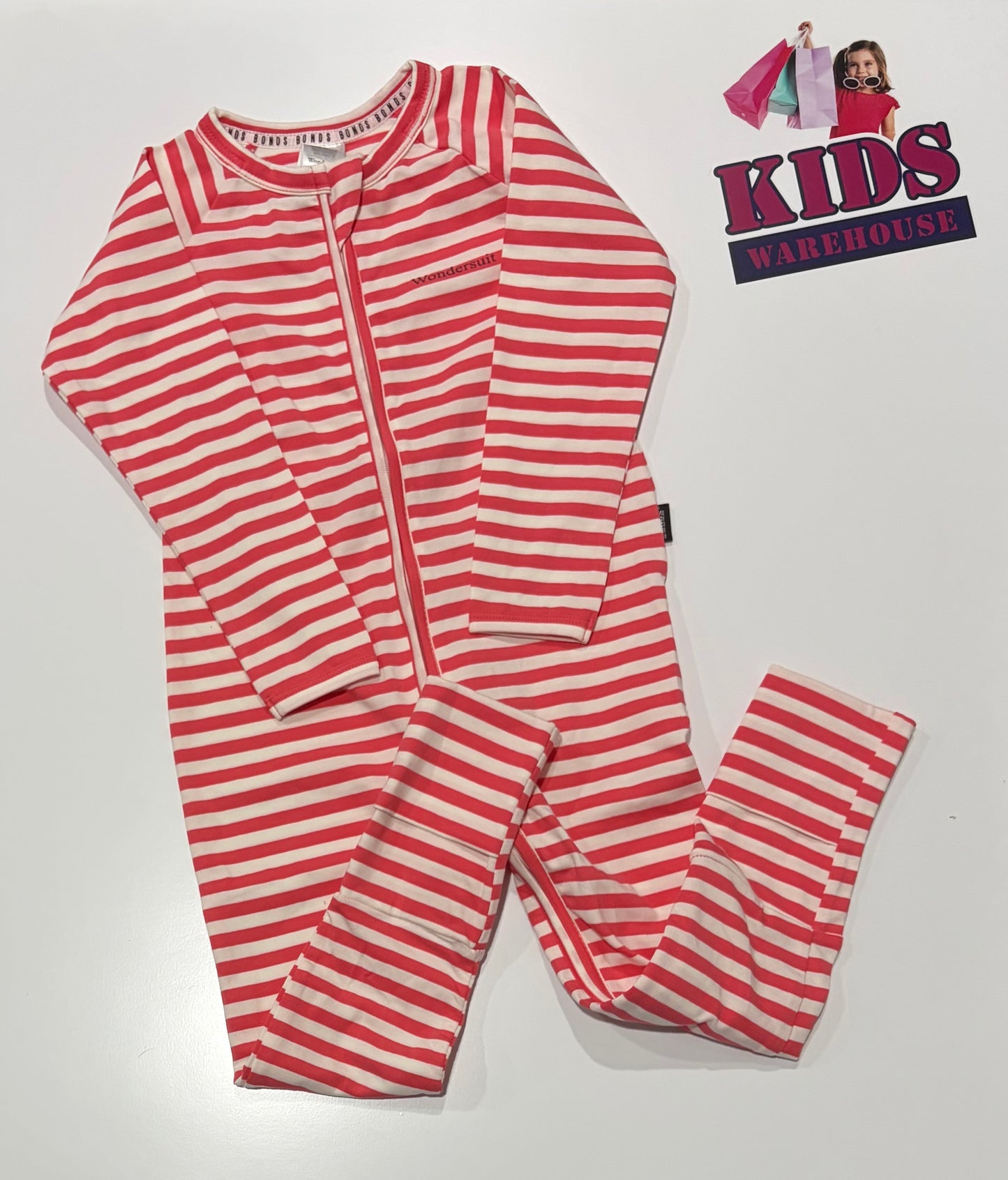 Bonds Wondersuit White, Red Stripe Print Jumpsuit Size 2