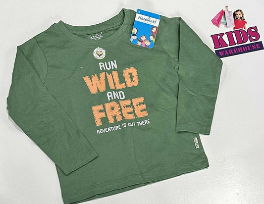 New Hazelnuts Green Long Sleeve Top With “Fun Wild And Free” Print Size 2