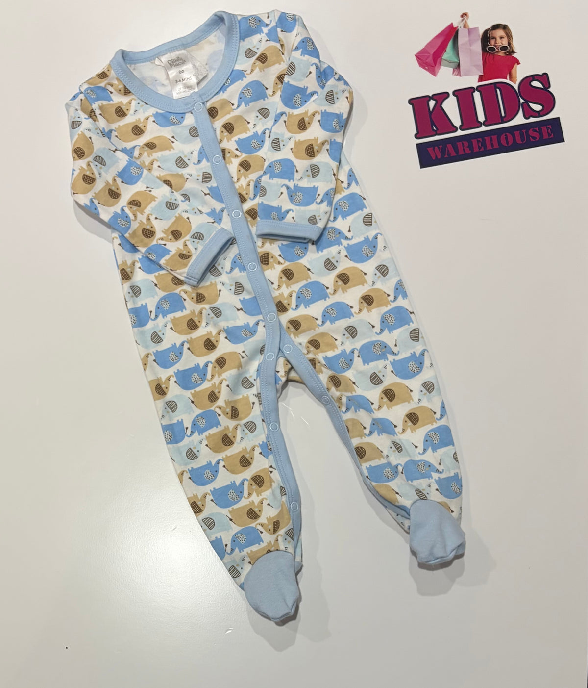 Ollie's Place White, Blue, Brown Elaphant Print Jumpsuit Size 00