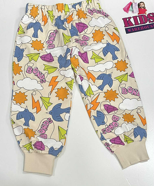 Bonds White Track Pants With Bird & Paper Aeroplane Pattern Size 3