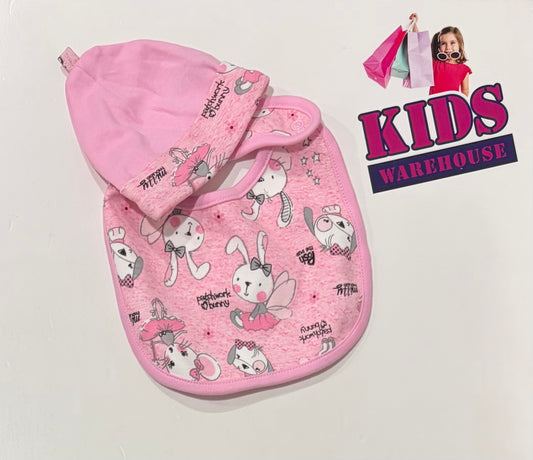 Pink, Patchwork Bunny Print Bib & Beanie Set
