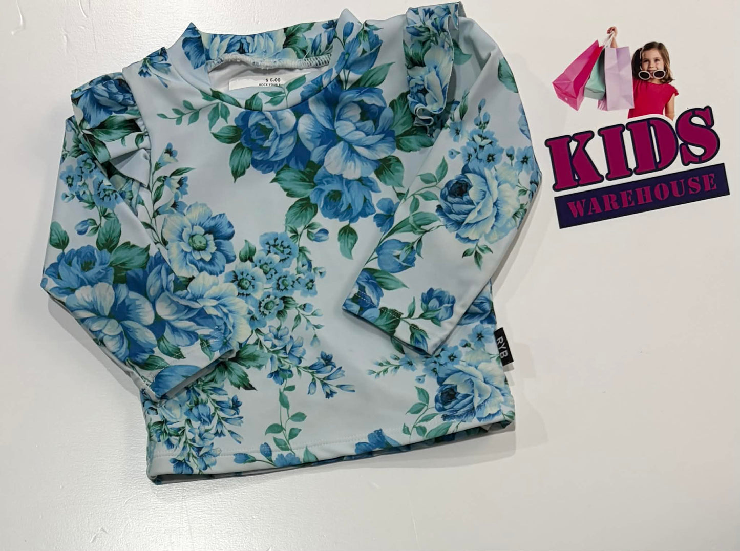 Rock Your Baby Light Blue Swim Top With Flower Pattern Size 000